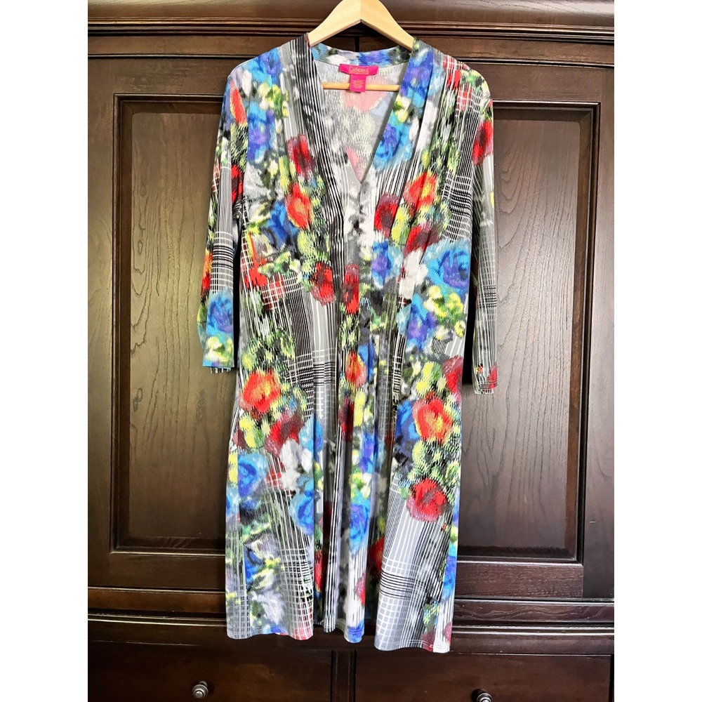 CATHERINE Maladrino Dress V-Neck Multicolor Floral Print Size L Stretch Party